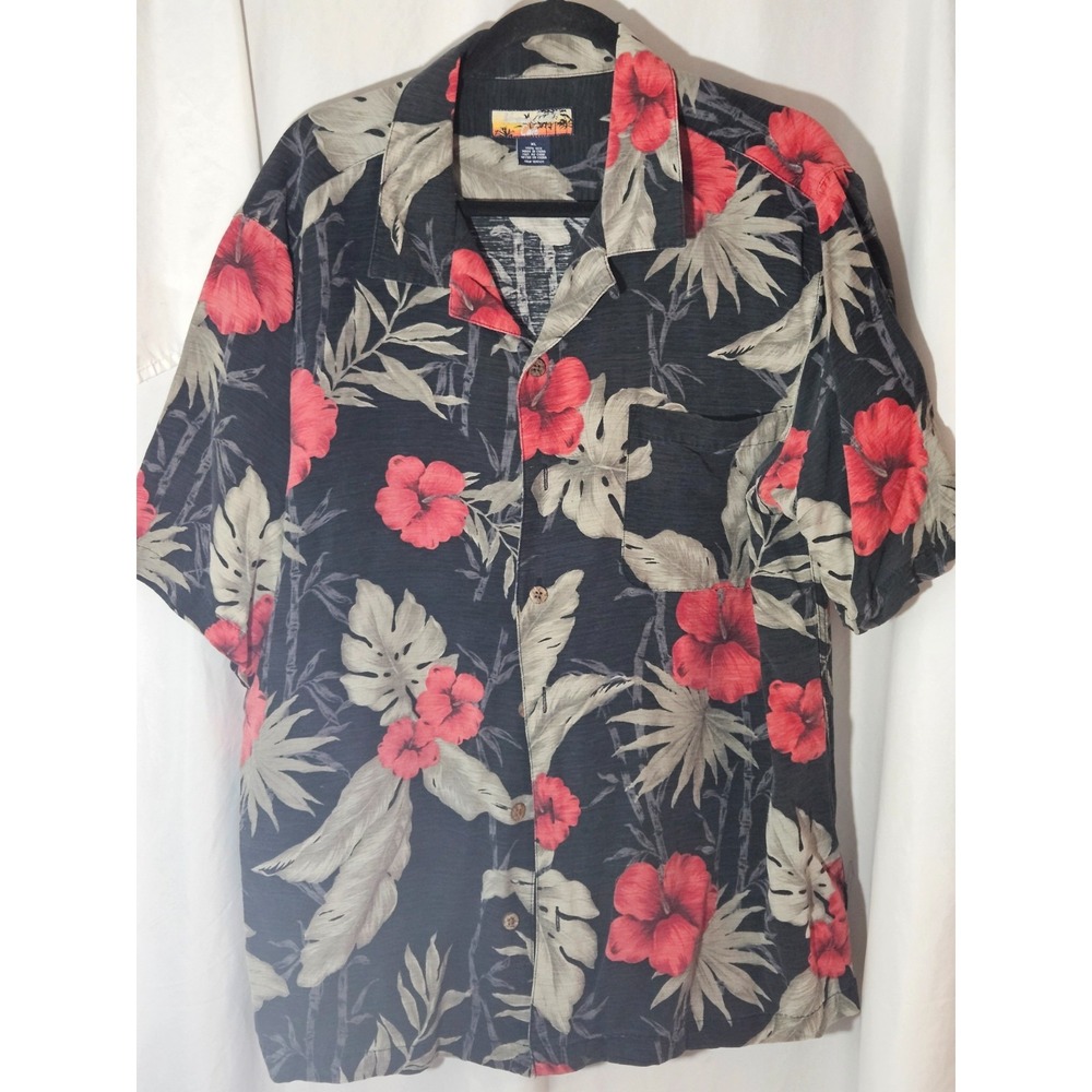 Havana Jack Cafe Shirt XL Black Red Beige 100% Silk Hibiscus Tropical Flowers